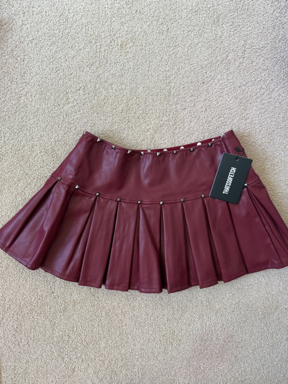 Pleated Faux Leather Mini Skirt with Stud Trim - Wine